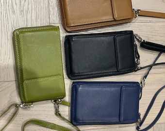 Genuine Top-Grain Leather Cell Phone Wallet: Crossbody Passport Bag with Card Slots