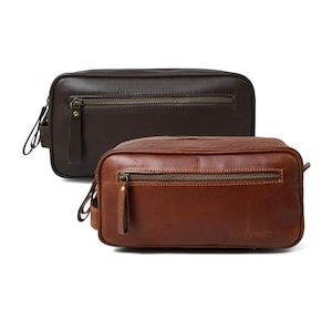 Trousse de toilette/de lavage/de rangement pour homme, Cuir véritable pleine fleur, Doublure en nylon imperméable, Deux compartiments principaux à fermeture à glissière séparés, Fait main