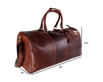 Full-Grain Buffalo Leather 22" Duffle/Weekender Carry On Bag - With Separate Shoe Pocket, Padded Laptop Section, Double Tone Vintage Look
