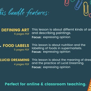 May include: A colourful graphic with the text "This bundle features:" and three numbered sections. Each section describes a lesson plan with a title, number of pages, and focus. The titles are "Defining Art", "Food Labels", and "Lucid Dreaming". The focus for each lesson is "expressing opinion". The graphic also includes the text "Perfect for online & classroom teaching."