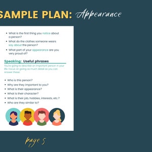 May include: A sample plan for describing a person's appearance. The plan includes questions to ask about a person's appearance, clothing, and what they are proud of. It also includes a section on useful phrases for describing a person.