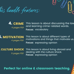 May include: A teal background with yellow and white text outlining a bundle of English language learning resources. The text reads "This bundle features:" followed by three lesson descriptions: "4. CRIME This lesson is about discussing the law and learning crime-related words. 4 pages PDF Focus: vocabulary", "5. MOTIVATION This lesson is about different types of motivations and things that motivate us. 4 pages PDF Focus: expressing opinion", and "6. CULTURE SHOCK This lesson is about living abroad and dealing with the culture shock. 6 pages PDF Focus: expressing opinion". The text "Perfect for online & classroom teaching." is at the bottom of the image.