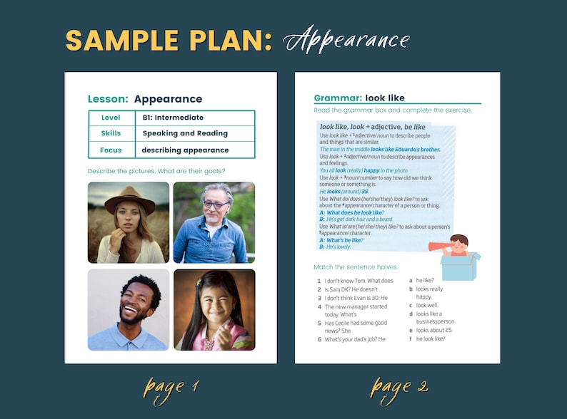 May include: A sample lesson plan for teaching English as a Second Language (ESL) students about describing appearance. The lesson plan includes a grammar box with examples of how to use the words "look like", "look", and "be like" to describe people and things. The lesson plan also includes a matching exercise where students match sentences with the correct endings.