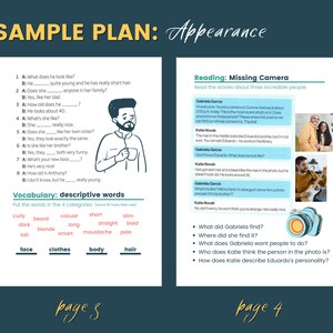 May include: A sample plan for teaching English as a Second Language (ESL) focusing on appearance. The plan includes a vocabulary section with words like curly, beard, casual, short, slim, dark, blonde, long, straight, bald, tall, smart, moustache, pale, face, clothes, body, and hair. The plan also includes a reading section with a story about a missing camera and three people: Gabriela Garcia, Katie Novak, and Eduardo.