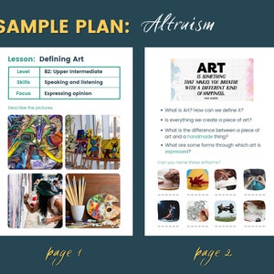 May include: A sample lesson plan for an English as a Second Language (ESL) class on defining art. The lesson plan includes a definition of art, a discussion of the difference between art and a handmade object, and a list of art forms. The lesson plan is designed for upper intermediate level students.
