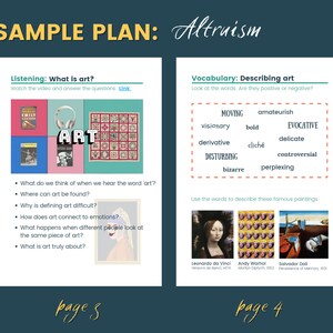 May include: A sample lesson plan for teaching art appreciation. The plan includes a listening activity about the definition of art and a vocabulary activity about describing art using positive and negative words. The lesson plan also includes images of famous paintings by Leonardo da Vinci, Andy Warhol, and Salvador Dali.