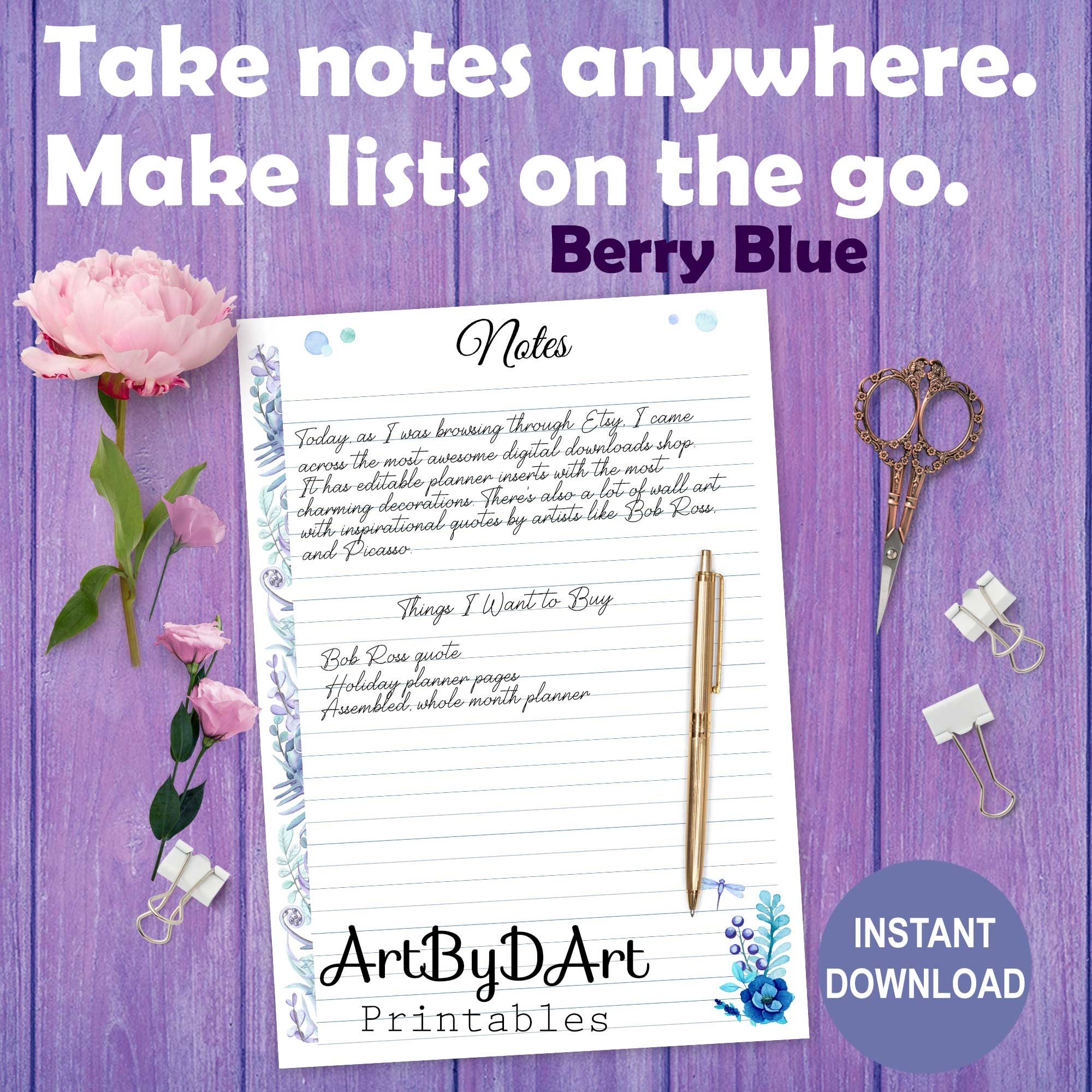 EDITABLE Planner Printable Notes Pages for A5 Planners, Berry Blue ...