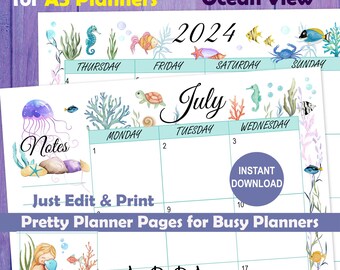 EDITIERBARE 2-seitige A5-Planer-Kalender druckbar, bereits mit einem Meerjungfrau- und Ocean-Life-Thema dekoriert, hübsche A5-Planerseiten-Ergänzungen
