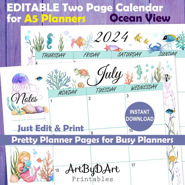 EDITABLE 2 Page A5 Planner Calendar Printable, Already Decorated with a Mermaid and Ocean Life Theme, Pretty A5 Planner Pages Refills