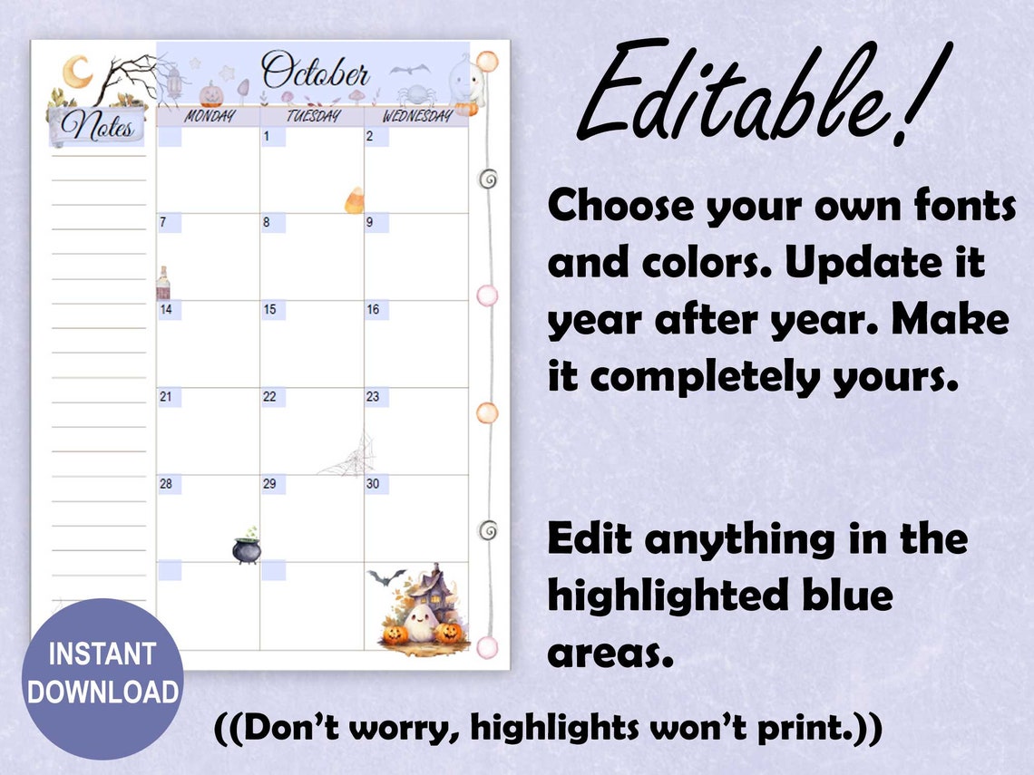 EDITABLE Halloween Theme Printable Monthly Calendar for A5, US Letter ...