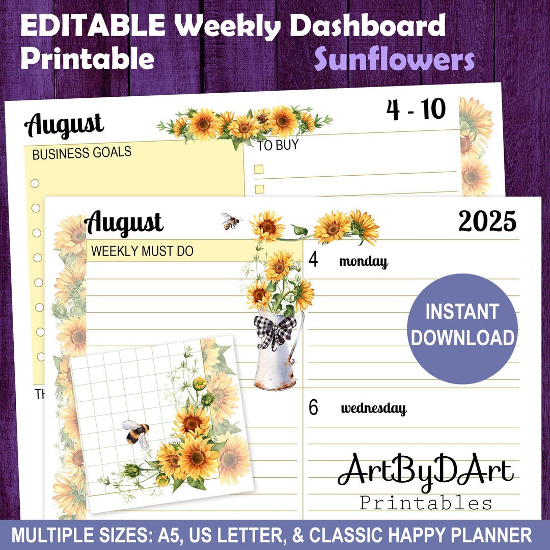 EDITABLE Floral Theme Printable Weekly Dashboard for A5, US Letter, and ...