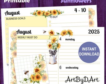 EDITABLE Floral Theme Printable Weekly Dashboard for A5, US Letter, and Happy Planners, Pretty Planner Pages, Sunflowers Collection
