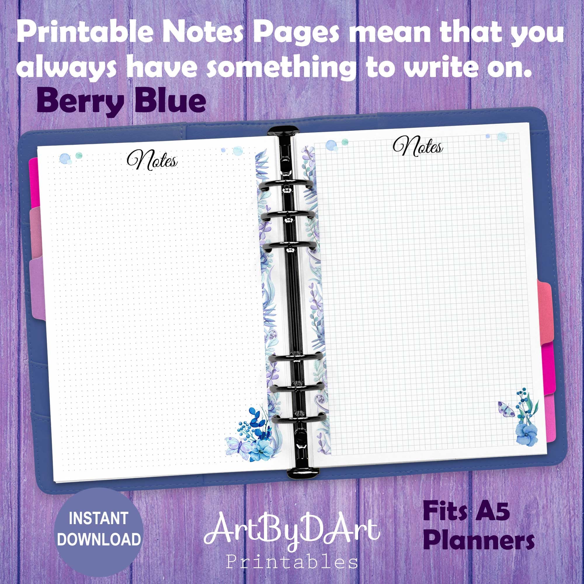 EDITABLE Planner Printable Notes Pages for A5 Planners, Berry Blue ...