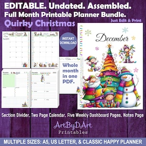 Op de afbeelding: Een bewerkbare, ongedateerde, printbare plannerbundel met een kerstthema. Bevat een sectiescheider, een kalender van twee pagina's, vijf wekelijkse dashboardpagina's en een notitiepagina met een kerstboom, een sneeuwpop en elfen.