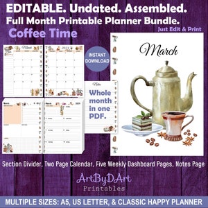 Puede incluir: Paquete de planificador imprimible con temática de café. La portada presenta una ilustración de acuarela de una cafetera, una taza de café y una rebanada de pastel. El texto "Marzo" está escrito en una fuente decorativa. El texto "Mes completo en un solo PDF" también está incluido. El planificador incluye un divisor de sección, un calendario de dos páginas, cinco páginas de tablero semanal y una página de notas. El planificador está disponible en varios tamaños: A5, US Letter y Classic Happy Planner.