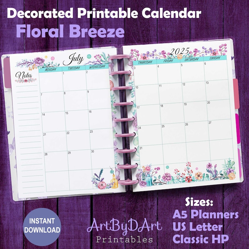 EDITABLE Floral Theme Printable Monthly Calendar for A5, US Letter, and ...