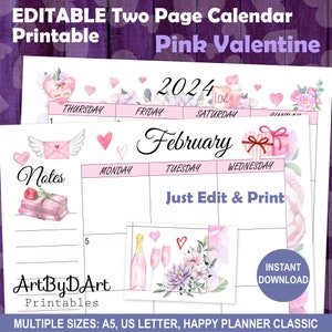 Calendario mensual imprimible con temática de San Valentín editable para planificadores de tamaño A5, tamaño carta de EE. UU. y Happy Planners, bonitas páginas de planificador, colección Pink Valentine