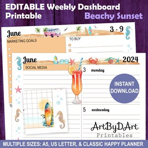 May include: Printable weekly dashboard planner with a beachy sunset theme. The planner has a section for marketing goals, social media, and a to-buy list. The planner is decorated with beach-themed illustrations, including a surfboard, a seahorse, a crab, and a cocktail.
