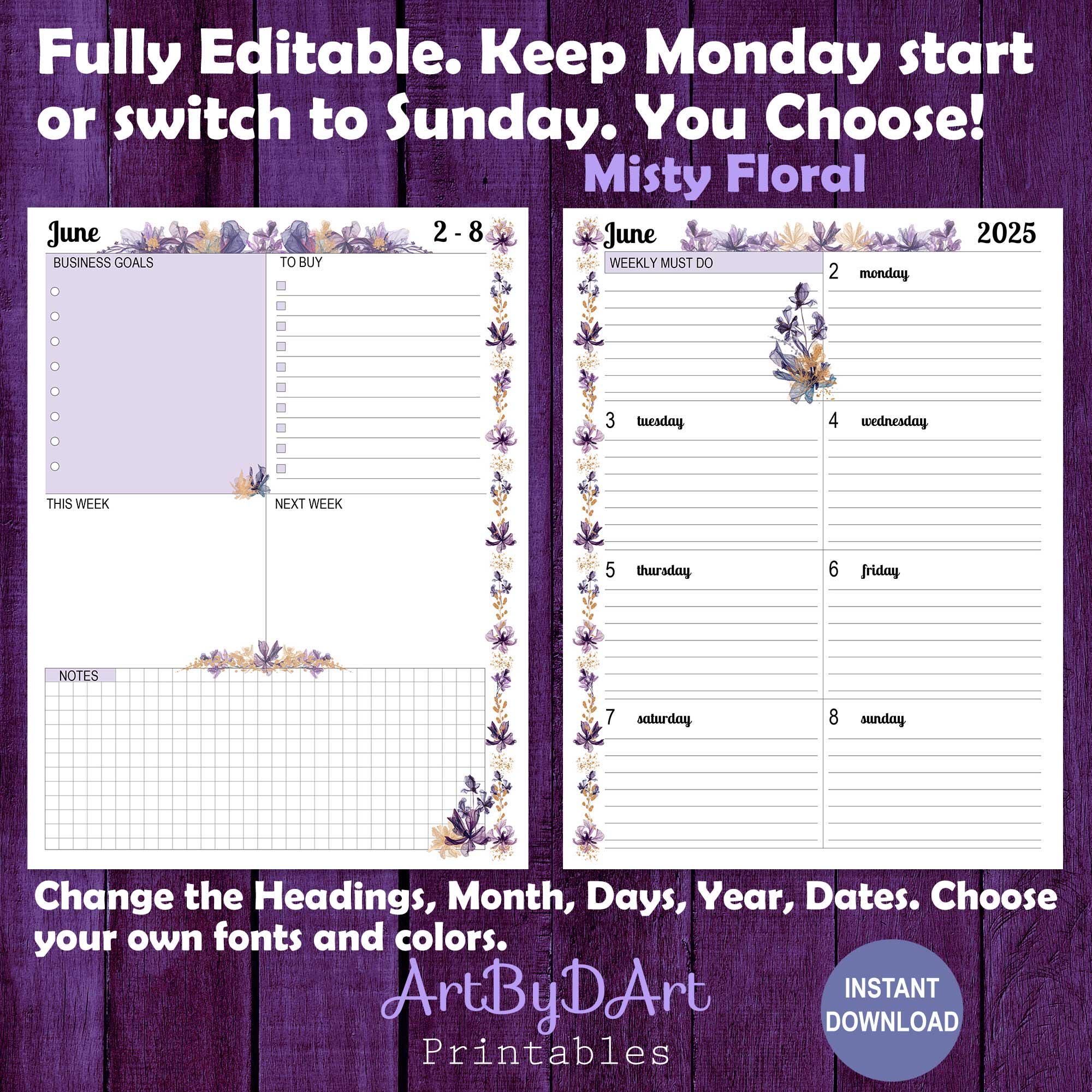 EDITABLE Floral Theme Printable Weekly Dashboard for A5, US Letter, and ...