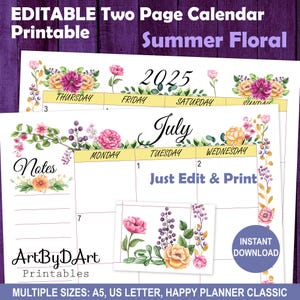 EDITIERBARER Monatskalender mit Blumenmotiven für A5, US Letter und Happy Planner, hübsche Planerseiten, Sommerblumenkollektion