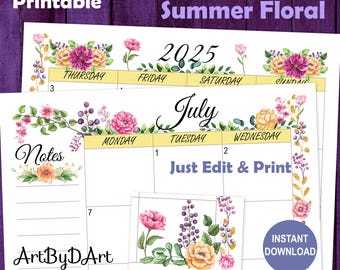 EDITABLE Floral Theme Printable Monthly Calendar for A5, US Letter, and Happy Planners, Pretty Planner Pages, Summer Floral Collection