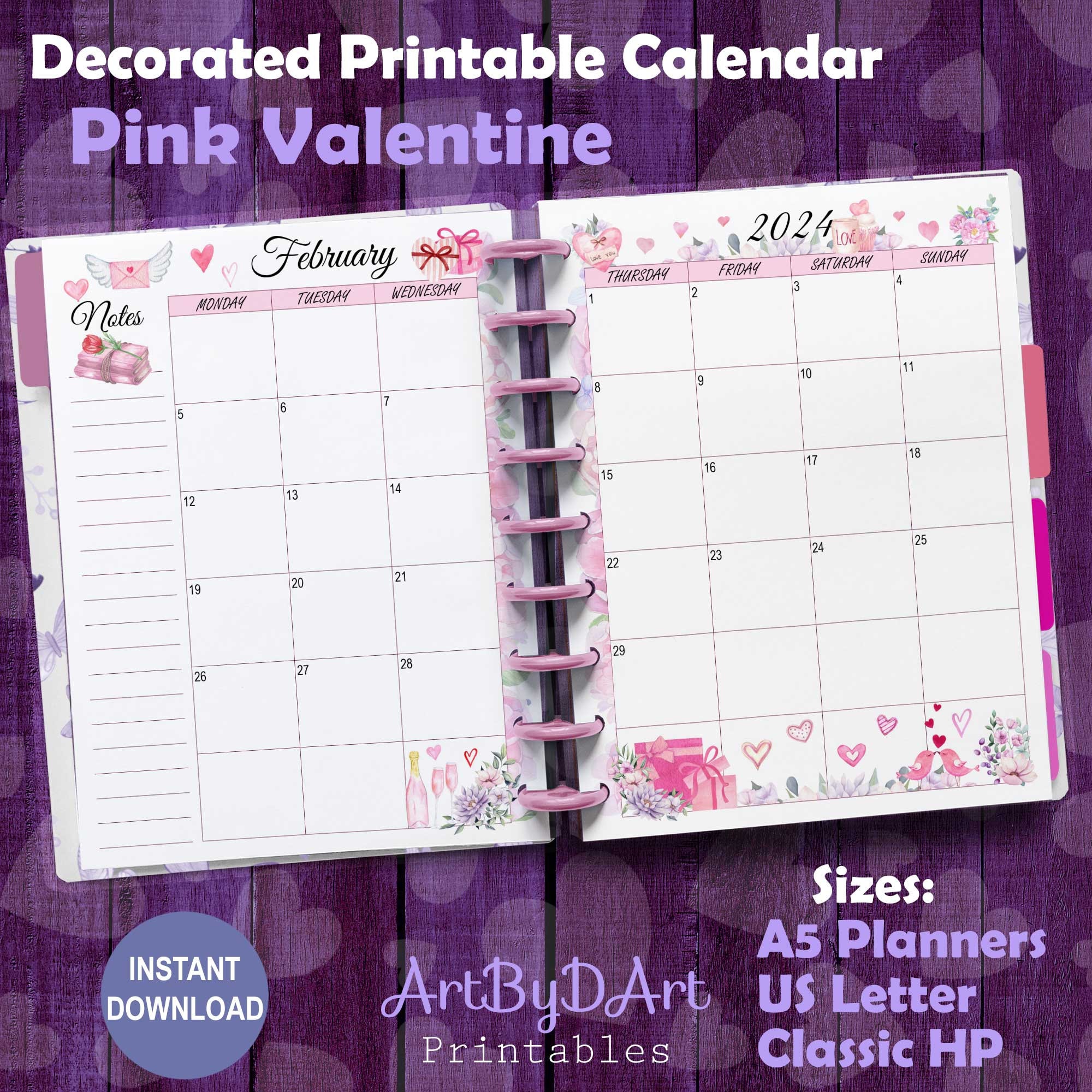 EDITABLE Valentine Theme Printable Monthly Calendar for A5, US Letter ...