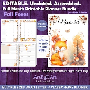 Op de afbeelding: Printable planner bundel met een herfstvos thema. Bevat ongedateerde maandkalenders, wekelijkse dashboard pagina's en een notitiepagina. Het ontwerp bevat herfstkleuren en vos illustraties. Beschikbaar in A5, US Letter en Classic Happy Planner formaten.