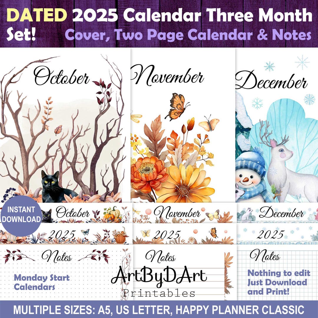 DATED 2025 Printable 3 Calendar Bundle for A5, US Letter, and Happy ...