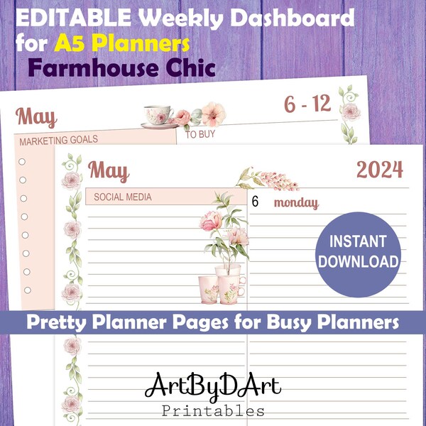 EDITABLE A5 Planner Printable Dashboard Weekly Layout with Farmhouse Chic Design, Pretty Printable Planner Pages, A5 Planner Weekly Refill