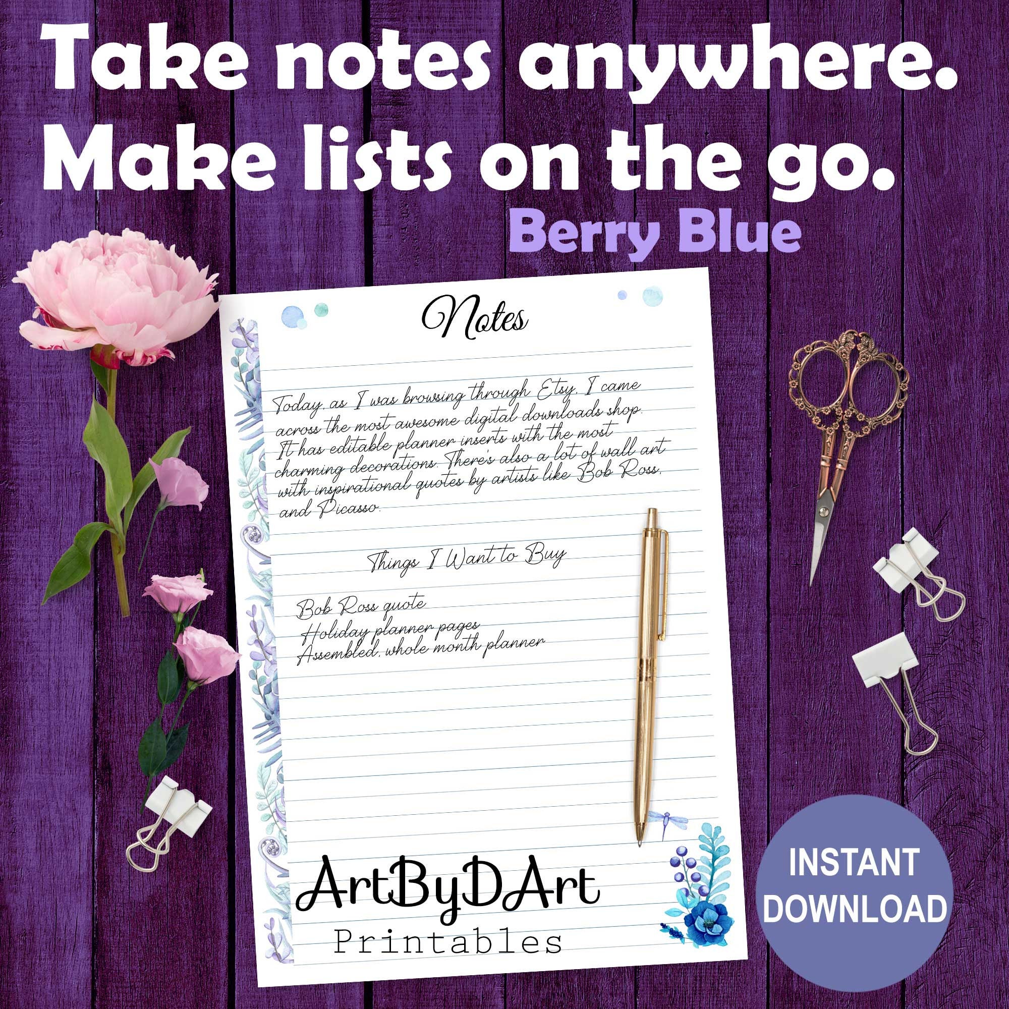 EDITABLE Planner Printable Notes Pages for A4 Planners, Berry Blue ...