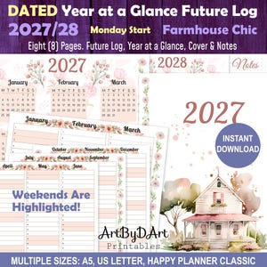Könnte beinhalten: Ein datiertes 2027/28 Zukunfts-Logbuch-Planer-Set im Farmhouse-Chic-Stil. Enthält acht Seiten mit Jahresübersichtskalendern, Monatslayouts mit Montag als Wochenbeginn und ein Deckblatt mit einer Aquarell-Hausillustration und Notizbereich.