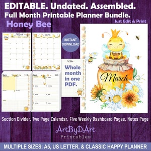 Paquete de planificador mensual completo ensamblado y editable para planificadores A5, tamaño carta de EE. UU. y Happy Planners, portada, calendario, panel de control, página de notas, Honey Bee