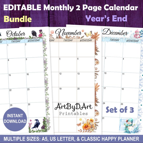 EDITABLE Floral Theme Printable Calendar Bundle of 3 Designs for A5, US ...