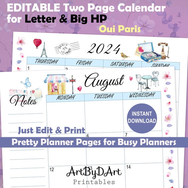 EDITABLE 2 Page Monthly Calendar Printable for Letter size Big Happy Planner, Decorated with Parisian Cafe, Pretty Planner for Busy Planners