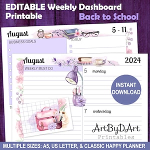 Tablero de mandos semanal editable con temática escolar para planificadores de tamaño A5, tamaño carta de EE. UU. y Happy, bonitas páginas de planificador, colección de regreso a clases