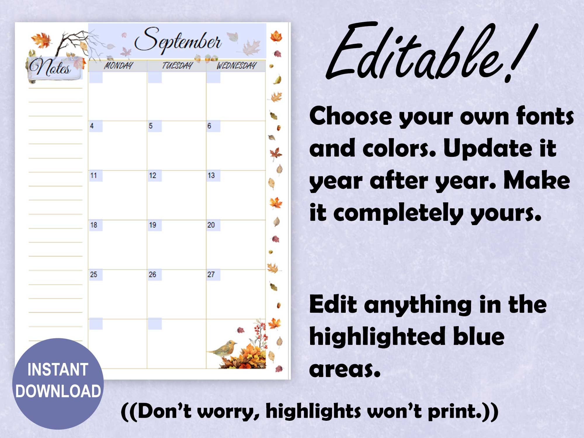 EDITABLE Fall Theme Printable Monthly Calendar for A5, US Letter, and ...
