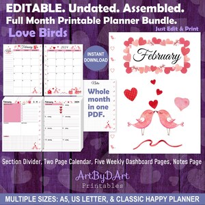 Paquete de planificador mensual completo ensamblado y editable para planificadores A5, tamaño carta de EE. UU. y Happy Planners, portada, calendario, panel de control, página de notas, pájaros del amor