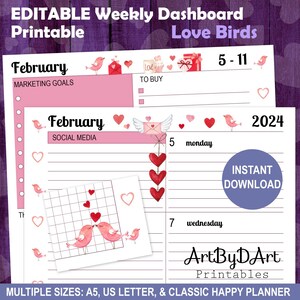 Tablero de mandos semanal editable con temática de San Valentín para planificadores de tamaño A5, tamaño carta de EE. UU. y Happy, bonitas páginas de planificador, colección Love Birds