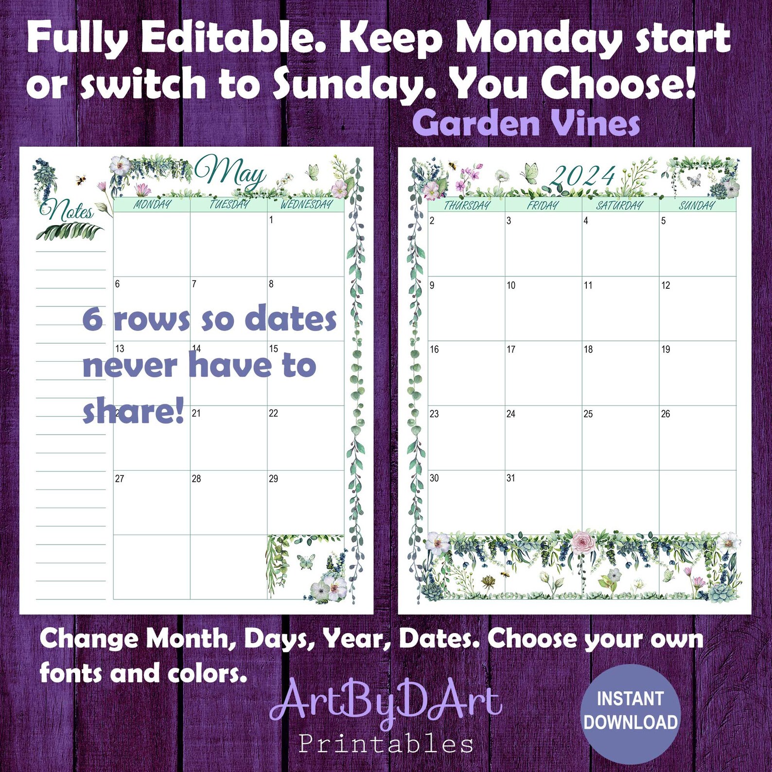 EDITABLE Floral Theme Printable Calendar Bundle of 3 Designs for A5, US ...