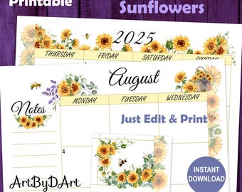 EDITABLE Floral Theme Printable Monthly Calendar for A5, US Letter, and Happy Planners, Pretty Planner Pages, Sunflowers Collection