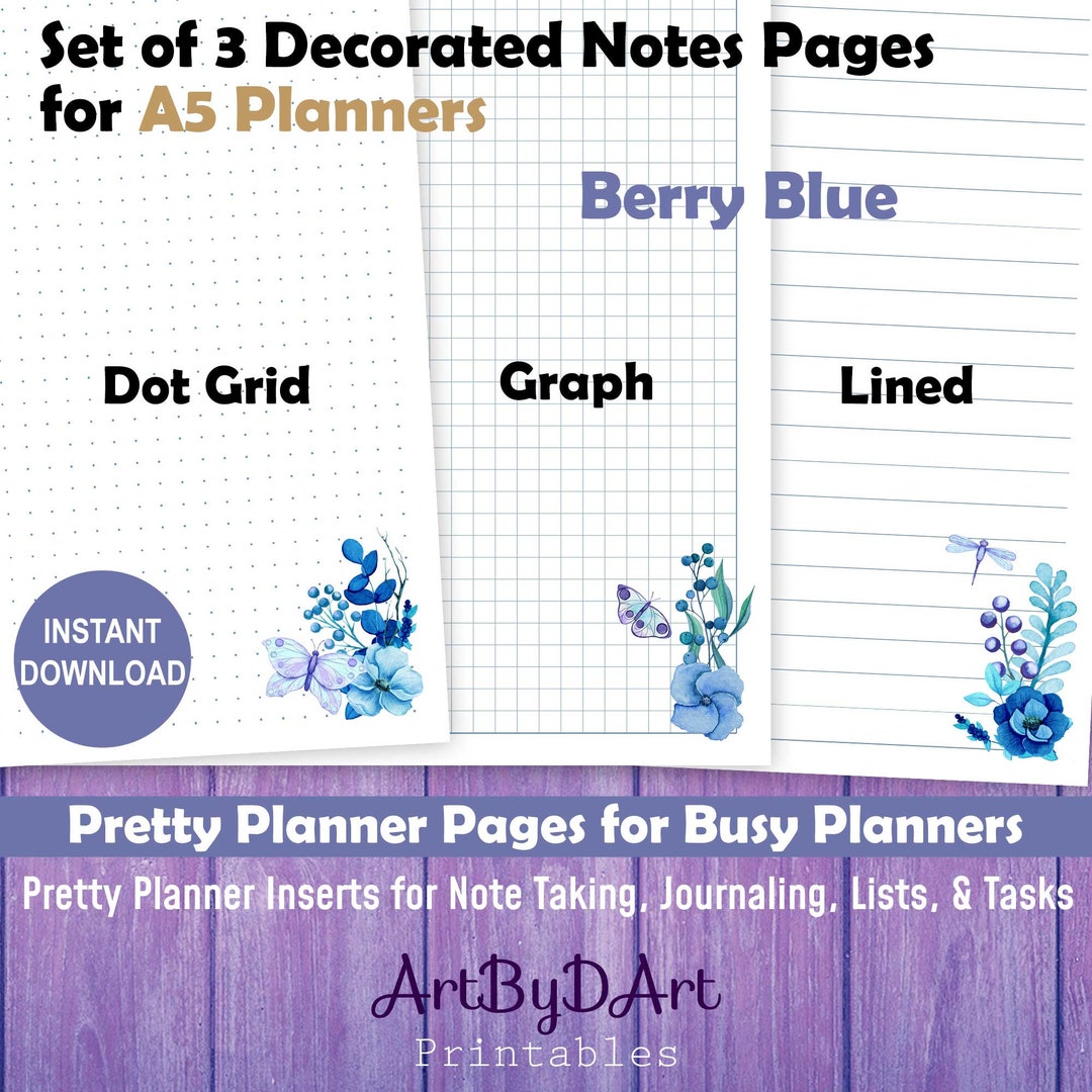 EDITABLE Planner Printable Notes Pages for A5 Planners, Berry Blue ...