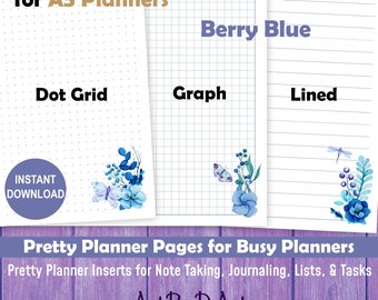 EDITABLE Planner Printable Notes Pages for A5 Planners, Berry Blue Floral Dot Grid, Graph & Lined Notes Pages for Print Your Own Planners