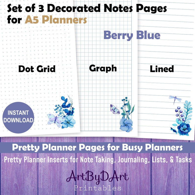 EDITABLE Planner Printable Notes Pages for A5 Planners, Berry Blue ...
