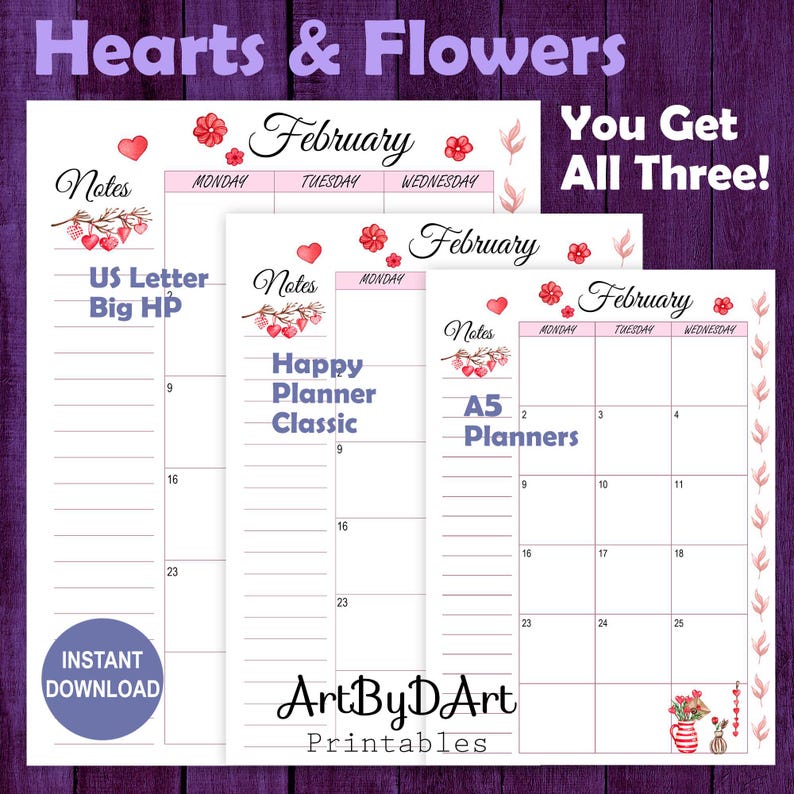 EDITABLE Valentine Theme Printable Monthly Calendar for A5, US Letter ...
