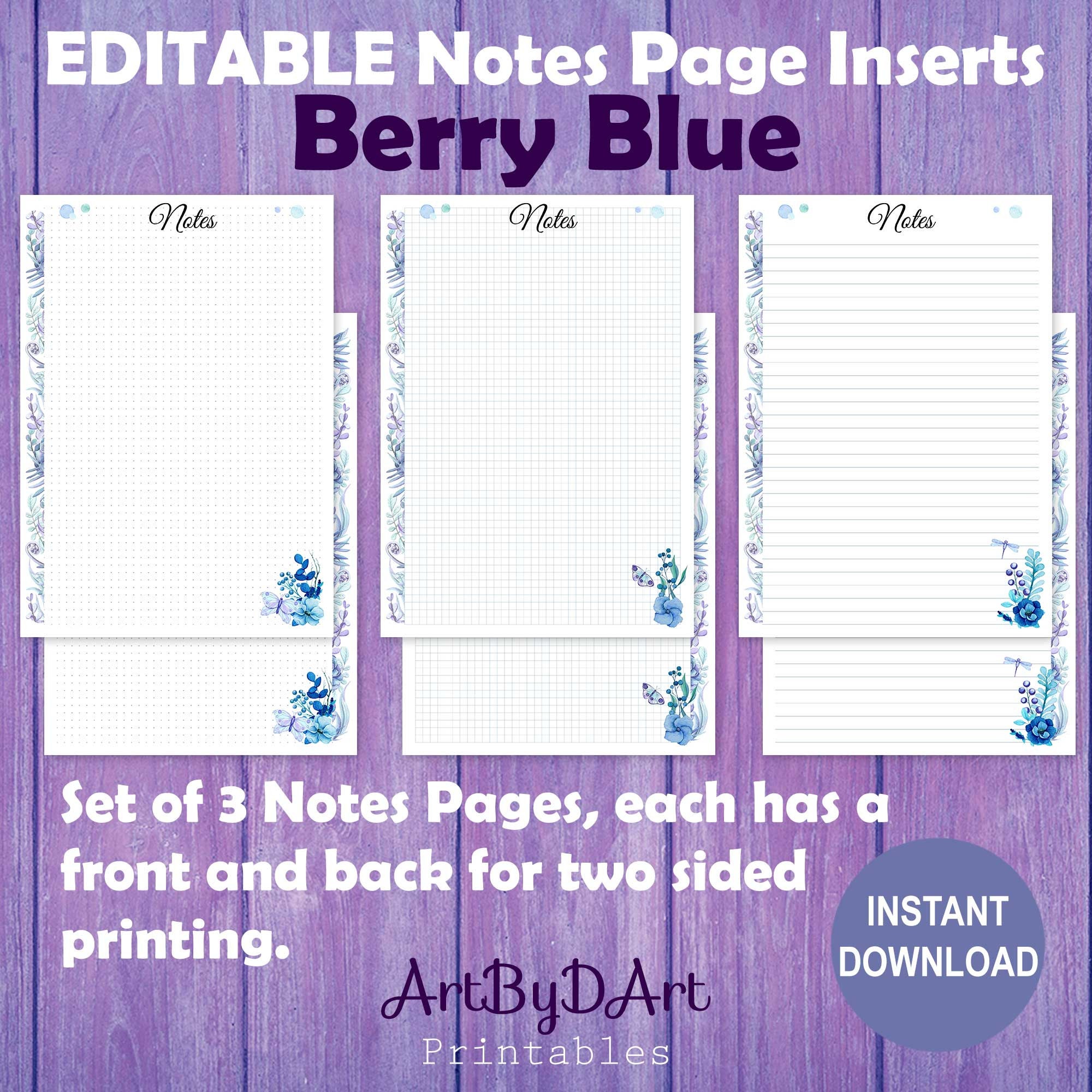 EDITABLE Planner Printable Notes Pages for A5 Planners, Berry Blue ...