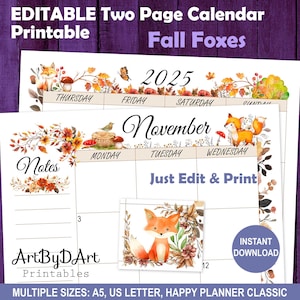EDITABLE Autumn Fox Theme Printable Monthly Calendar for A5, US Letter, and Happy Planners, Pretty Planner Pages, Fall Foxes Collection
