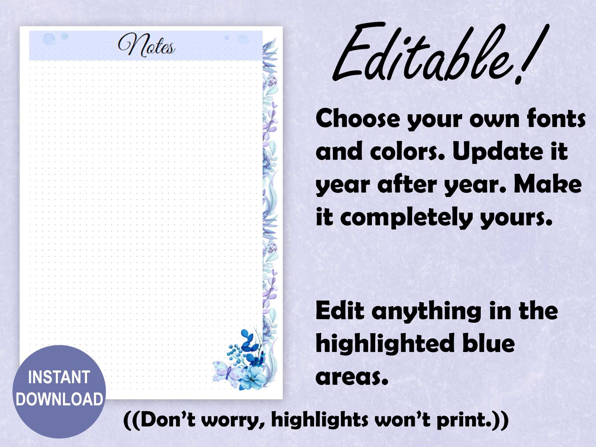 EDITABLE Planner Printable Notes Pages for A5 Planners, Berry Blue ...