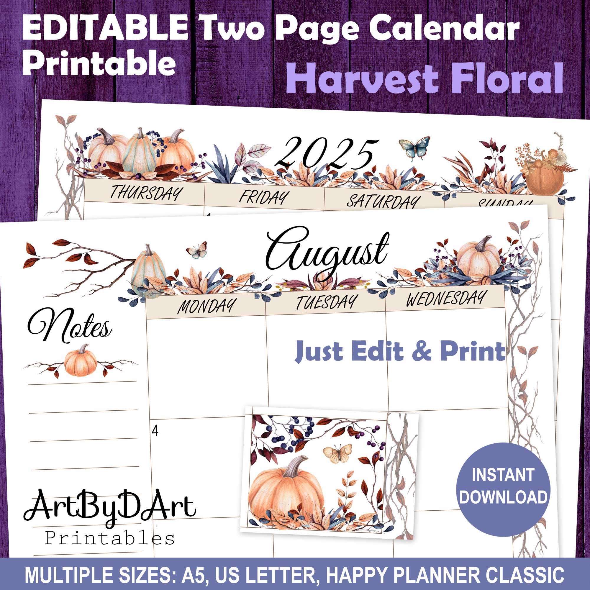 EDITABLE Autumn Theme Printable Monthly Calendar for A5, US Letter ...