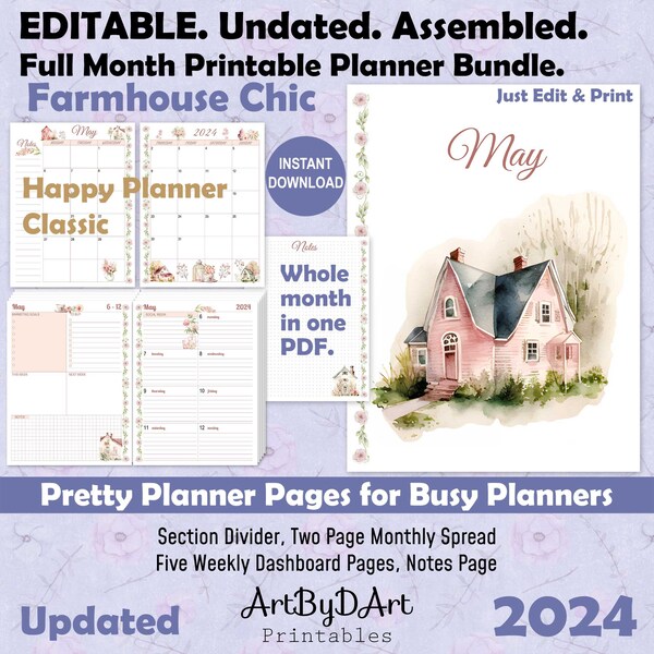 EDITABLE Assembled Full Month Planner Bundle Decorated in Shabby Chic Farmhouse Theme, Cover, Calendar, Dashboard, Notes, Just Edit & Print