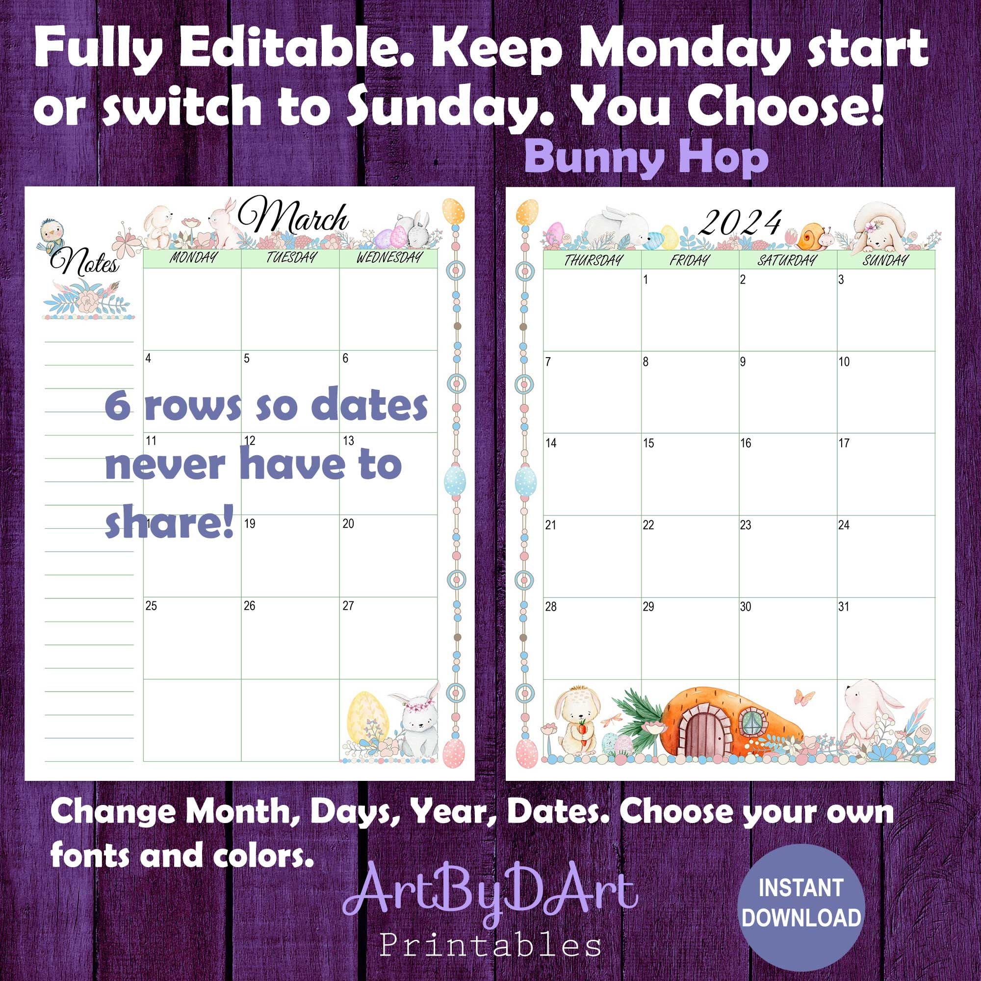 EDITABLE Easter Theme Printable Monthly Calendar for A5, US Letter, and ...